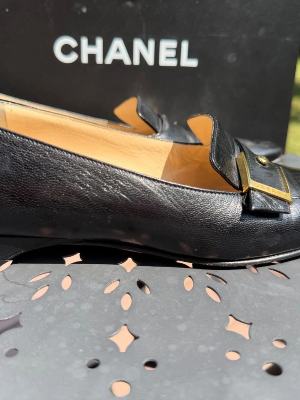 Chanel black leather square toe loafers with gold buckle size 35